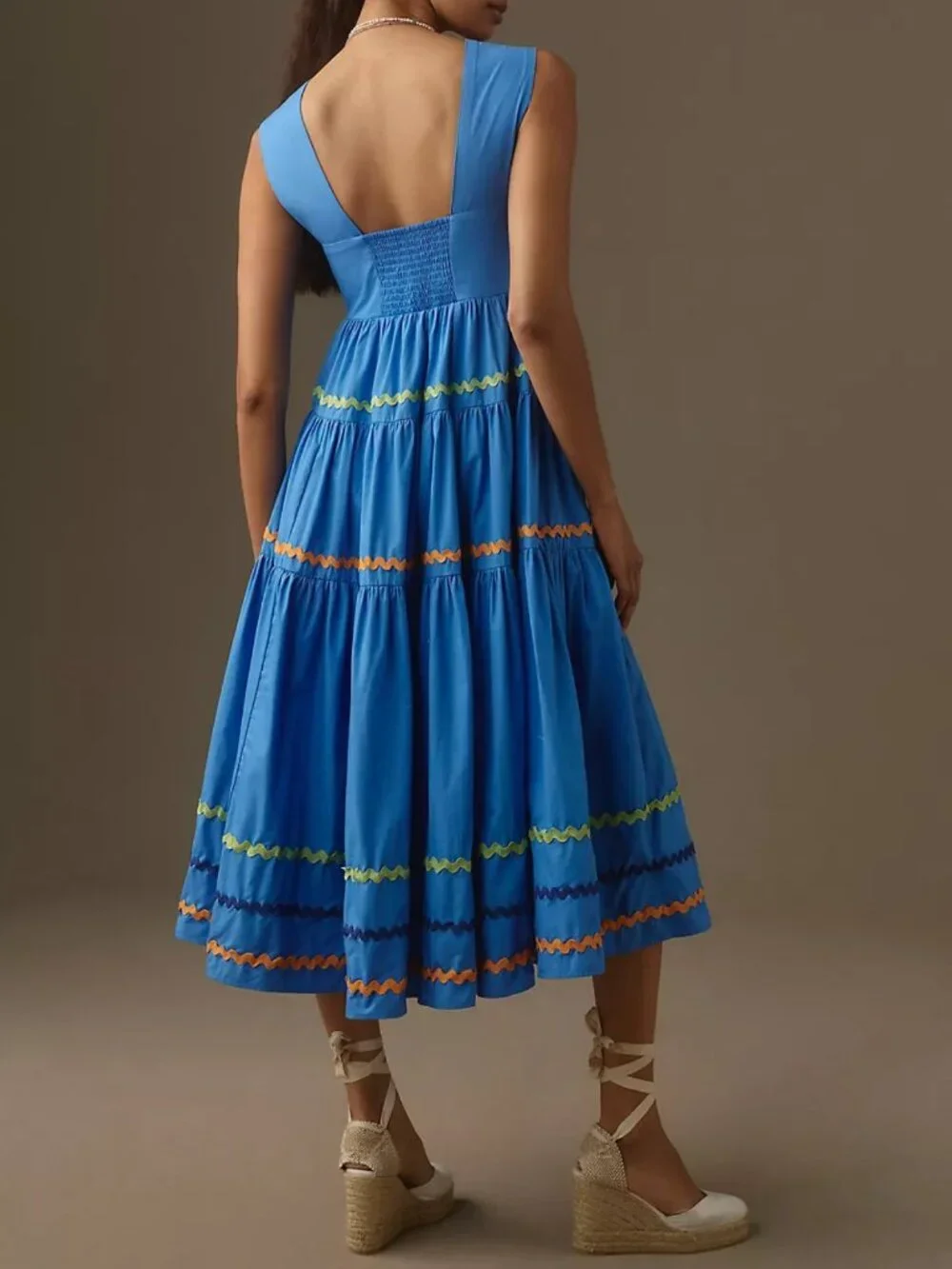 Anthropologie Blue The Helena Square-Neck Tiered Midi Dress Size XL 38331 - Picture 4 of 13